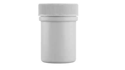 A plain white plastic medicine bottle against a white background, suitable for mockup or product presentation, demonstrating a minimalistic pharmaceutical design for health and wellness