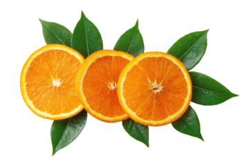 Three orange slices, vibrant orange, arranged atop each other with dark green leaves.  Fresh and juicy fruit, healthy food,  perfectly sliced, against a black background