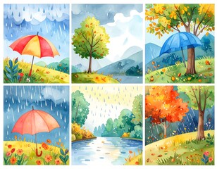 Watercolor illustrations of seasonal landscapes
