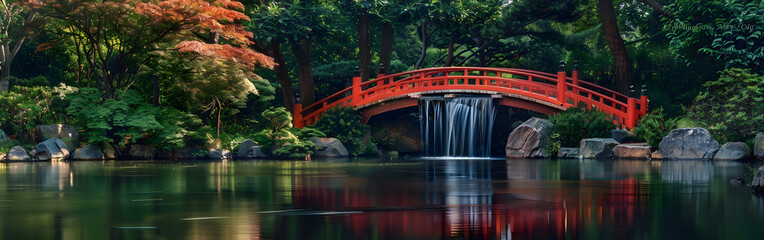 Obraz premium Scenic Red Wooden Bridge Over Waterfall in Lush Green Forest Garden Landscape
