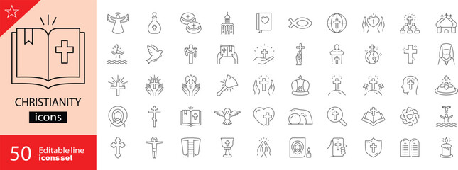 Christianity related icon collections. Containing Cross, Bible, Church, Prayer, Faith, Worship, Angel, Dove, Halo, and Candle icons. Editable Stroke. Outline icons. Vector illustration.