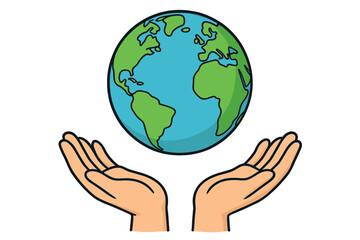 Hands holding globe. Planet Earth care and protection concept. Environmental conservation and saving our world. Vector for Earth Day, ecology, charity, and global unity.