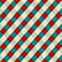 Seamless argyle pattern in red and teal with cream accents, great for holiday themes, fabric design, wrapping paper, and retro projects.