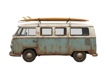 Vintage rusty van with surfboard on roof rack transparent background