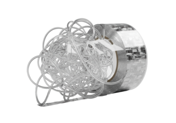 Clear plastic adhesive tape roll tangled into a shimmering, sticky mess of transparent ribbons and loops, isolated on a seamless transparent background, concept of chaotic beauty