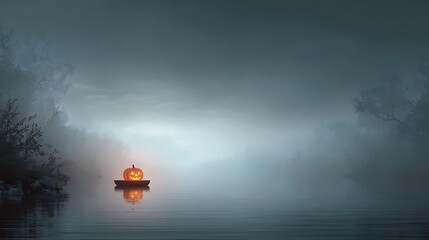 Mysterious Halloween Background with Glowing Pumpkin Floating in Foggy River,generative ai