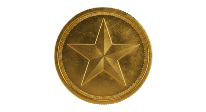 Gold coin with five pointed star achievement symbol transparent background