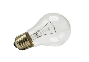 Clear glass light bulb with visible filament on transparent background