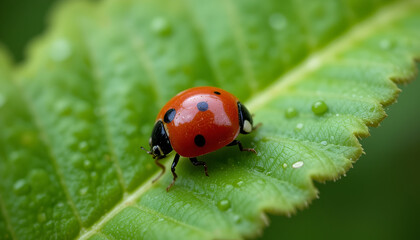 Fototapeta premium Macro close-up of a red ladybug crawling on green leaf, detailed insect photography