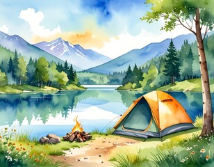 Watercolor landscape of a campsite by a lake