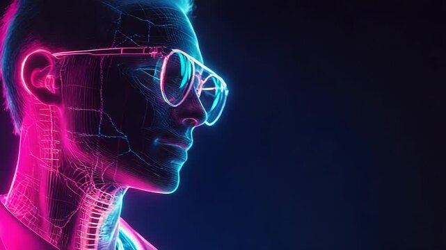 Neon metaverse avatar wearing stylish glasses in digital world
