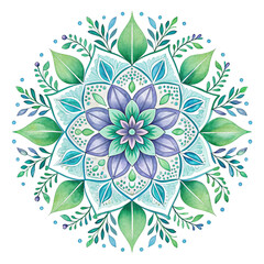 Watercolor Floral Mandala with Green and Purple Tones Elegant Design for Relaxation Meditation and Creative Projects Suitable for Backgrounds Invitations and Decorative Elements
