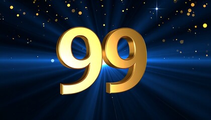 Gold numbers 99 on a dark blue background with radiating light rays and confetti