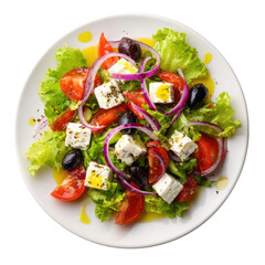 Overhead view of a vibrant Greek salad.  Fresh greens, cherry tomatoes, crumbled feta, sliced red onion, Kalamata olives, and a light vinaigrette dressing.  Appetizing and healthy