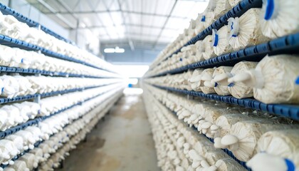 Mushroom farm interior, rows of cultivated mushrooms