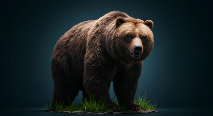 Fototapeta premium Brown bear standing in grass on dark background. Powerful animal in natural habitat with detailed fur and claws. Wildlife professional. nature preserve -