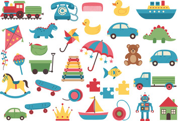 Colorful Kids Toys Collection with Train, Dinosaur, Car, Sailboat, Skateboard, Teddy Bear, and More Fun Items for Children Play