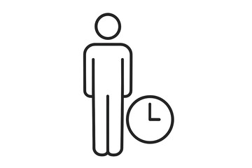 Simple minimal outline user figure and clock icon. Vector linear concept for time management, schedule, punctuality, deadline, waiting, appointment, people and work productivity apps graphics.