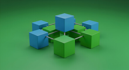 Obraz premium Abstract geometric shapes in vibrant blue and green interconnected by connecting lines on a solid green background. Interconnected cubes in a digital network design.