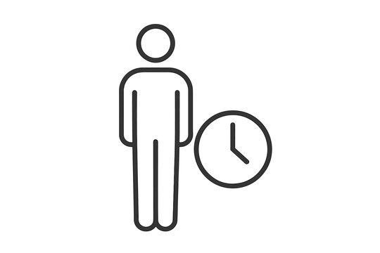 Thin outline icon full body human user standing beside clock. Time management concept. Minimalist vector illustration. Transparent background. User profile avatar. Design for apps and graphics.