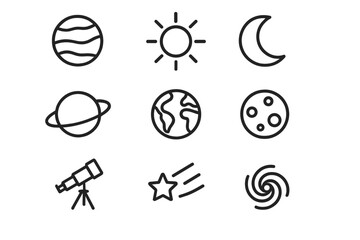 Fototapeta premium Cosmos and astronomy vector line icon set. Space exploration symbols. Outline signs of planet, sun, moon, earth, galaxy, telescope, shooting star for web, mobile app design.