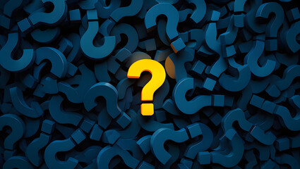 A conceptual image featuring a vibrant yellow question mark amidst a sea of blue question marks