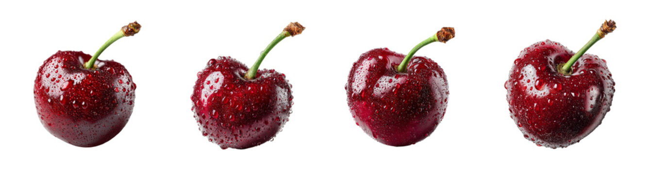 PNG set Four Juicy Cherries with Water Droplets PNG Isolated on Transparent background