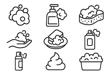 Soap and foam line icon set. Vector symbols for hygiene, washing, and cleaning. Includes bubbles, dispenser, sponge, and bar soap. Outline pictograms for web and app design.