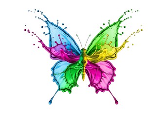 Vibrant liquid butterfly with vivid colors against a pure white backdrop, a captivating splash of artistry