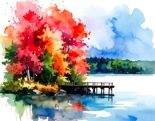 Watercolor landscape of autumn trees by a lake