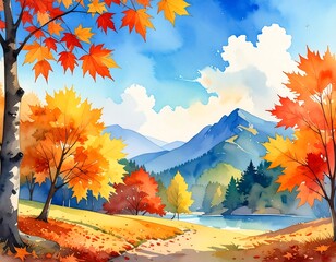 Watercolor landscape of autumn scenery
