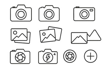 Photo camera and image simple icon set. Photography line art vector collection. Outline picture, gallery symbol. DSLR, lens, aperture, flash icons. Editable stroke.