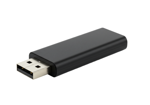 Black usb flash drive digital data storage device technology hardware 3 d rendering isolated on transparent background