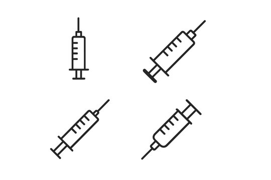 Syringe Line Icons Set. Minimalist Medical Injection Pictograms for Healthcare Web, Graphic Design, Apps, Banners, Social Media, Pharmacy Cards. Vaccine, Immunization Vector Illustration.