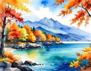 Watercolor landscape of autumnal lake scene
