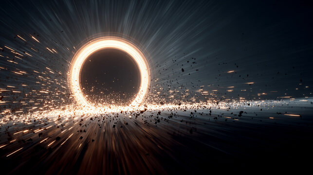 Dramatic cosmic scene of a spinning black hole surrounded by a fiery ring and scattered asteroid field. Intense space phenomenon with vivid colors and deep galactic atmosphere.