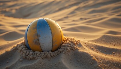 Obraz premium Volleyball partially buried in sand on a sunny beach surrounded by smooth sand dunes and soft shadow