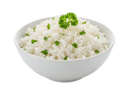 White rice bowl with parsley garnish transparent background