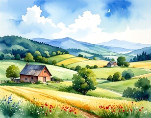 Watercolor landscape of rolling hills and fields