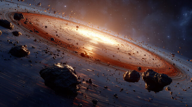 Dramatic cosmic scene of a spinning black hole surrounded by a fiery ring and scattered asteroid field. Intense space phenomenon with vivid colors and deep galactic atmosphere.