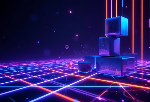 Futuristic neon glowing grid floor with stacked reflective cubes and vertical light beams in dark