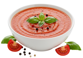 Vibrant red tomato soup in white bowl with basil and pepper garnish