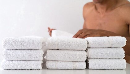 Folded white towels on a table.  Man's hands
