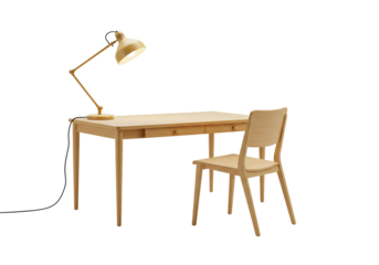 Wooden desk and chair with lamp simple home office setup minimalist workspace light wood furniture transparent background