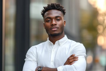 Close-up portrait of a confident young businessman and company founder standing near an office building, crossing his arms over his chest, and looking at the camera with pride, Generative AI