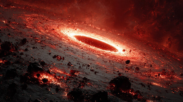 Dramatic cosmic scene of a spinning black hole surrounded by a fiery ring and scattered asteroid field. Intense space phenomenon with vivid colors and deep galactic atmosphere.