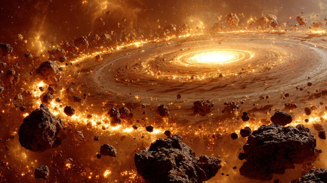 Dramatic cosmic scene of a spinning black hole surrounded by a fiery ring and scattered asteroid field. Intense space phenomenon with vivid colors and deep galactic atmosphere.