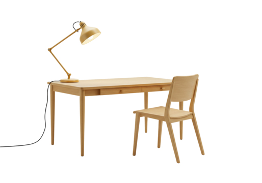 Wooden desk and chair with lamp simple home office setup minimalist workspace light wood furniture transparent background
