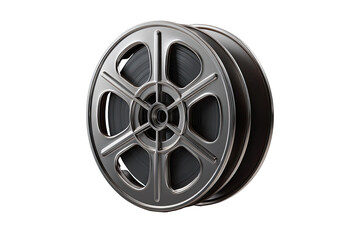 Obraz premium Close-up of a metallic film reel. Dark gray metal spool with black film
