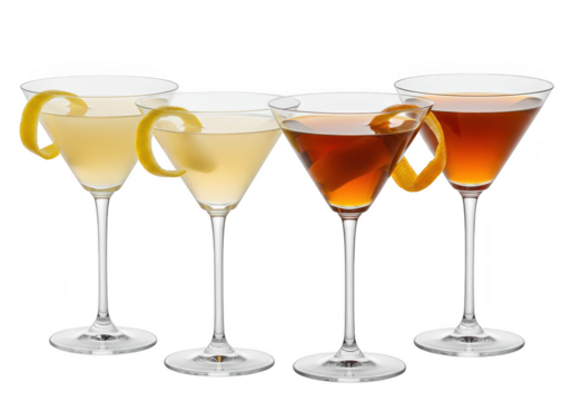 Four martini cocktails with lemon twist isolated on transparent background